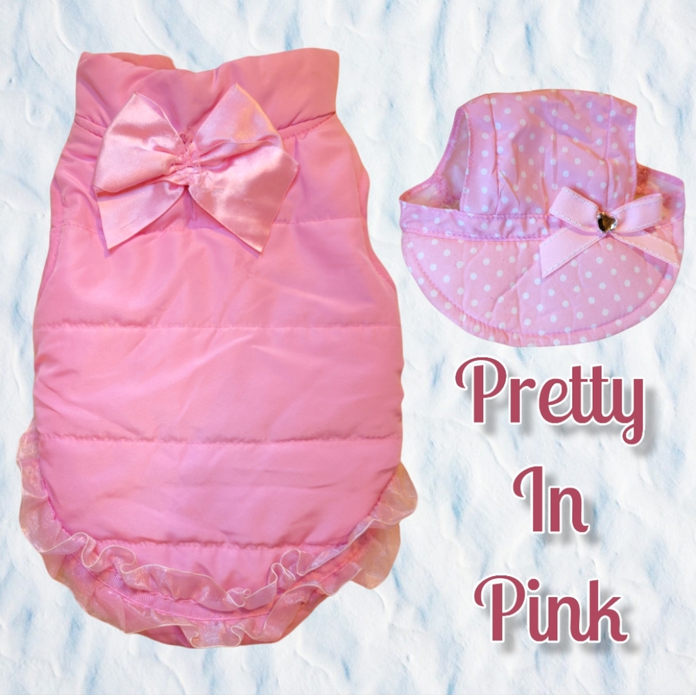 π Simply Dog Pink Puffer Vest Jacket Hat Accessory Breeds Lace Bow Velcro Easy - Picture 1 of 8